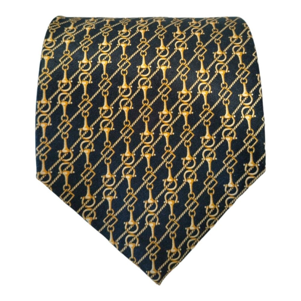 BOTTICELLI Black Gold Horse Bit Printed Silk Tie Italy 59"/ 4" EX COND